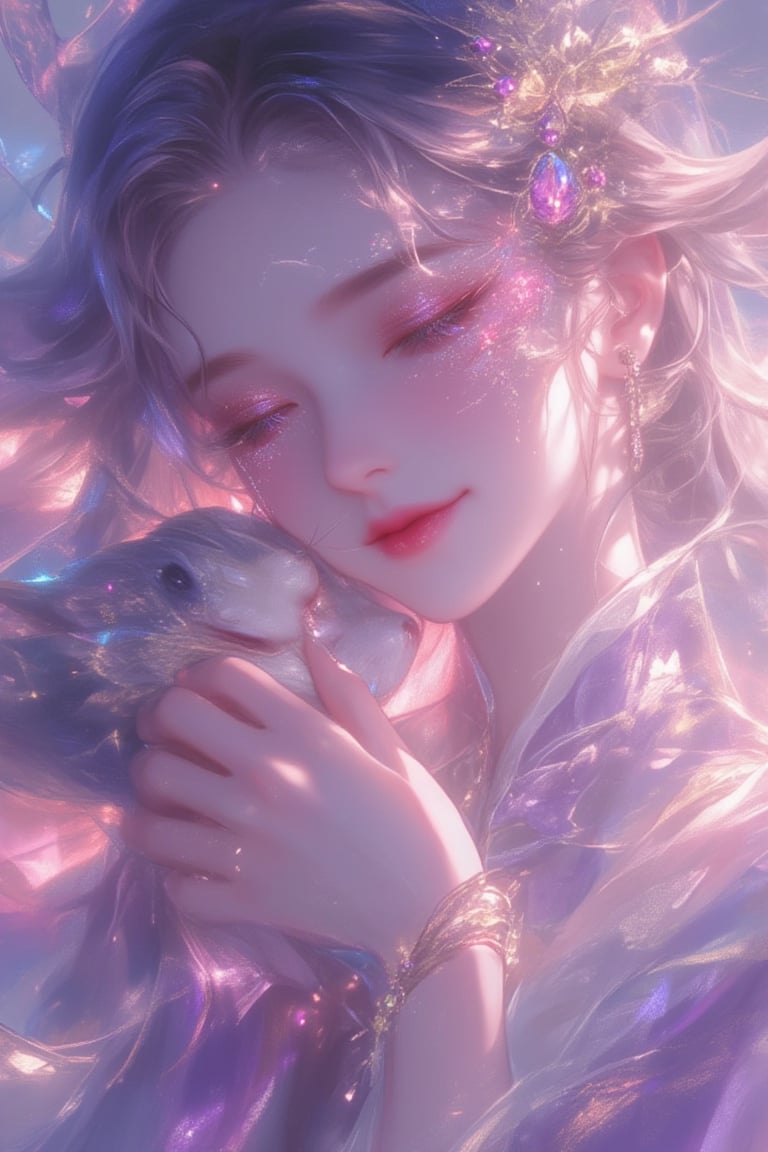 An ancient Chinese girl, charming smile, happy and joyful, wearing a lace eye mask with pink rainbow diamonds, flowing pink and white hair, purple dress, white veil, gem hairpins, gem earrings, gem bracelet, wearing a gorgeous little dress, butterflies, petals flying, holding a little fox in her hands, traditional Chinese elegance, subtle elegance, dreamy, romantic, soft focus, style raw, stylize 1000, niji 6