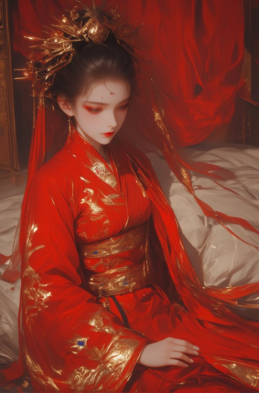 Eula (genshin impact) My favorite anime girl,She dressed in red ancient Chinese pretend, her headdress covered with red gauze, sat on the bed, waiting for someone. Gorgeous clothing decoration, phoenix pattern embroidered on the clothes. Shooting position is not fixed, random Angle of view, style raw, stylize 750, niji 6