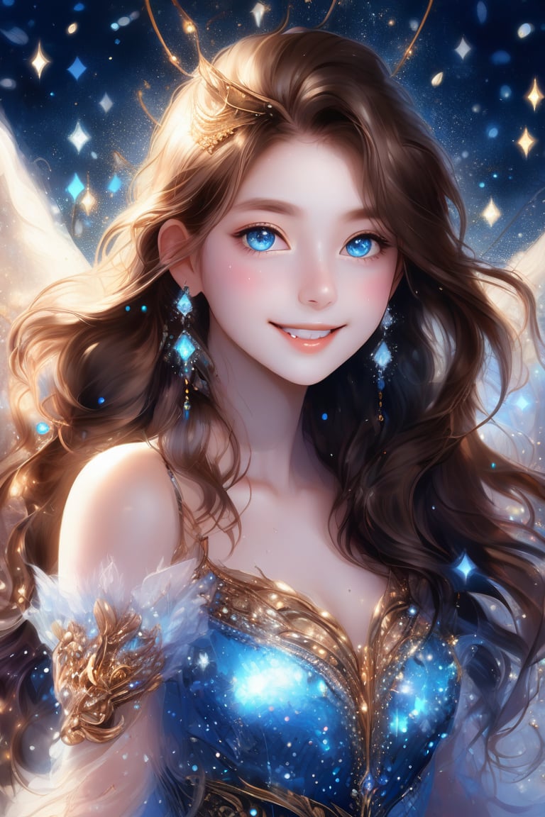 Beautiful girl, he is very cute, brown hair, blue eyes, she wears a very luxurious outfit. Upper body, detailed image, detailed skin, looking at viewer. Walking, ((masterpiece: 1.2)), light particles, ink droplets in background, Anime style.,noc-space