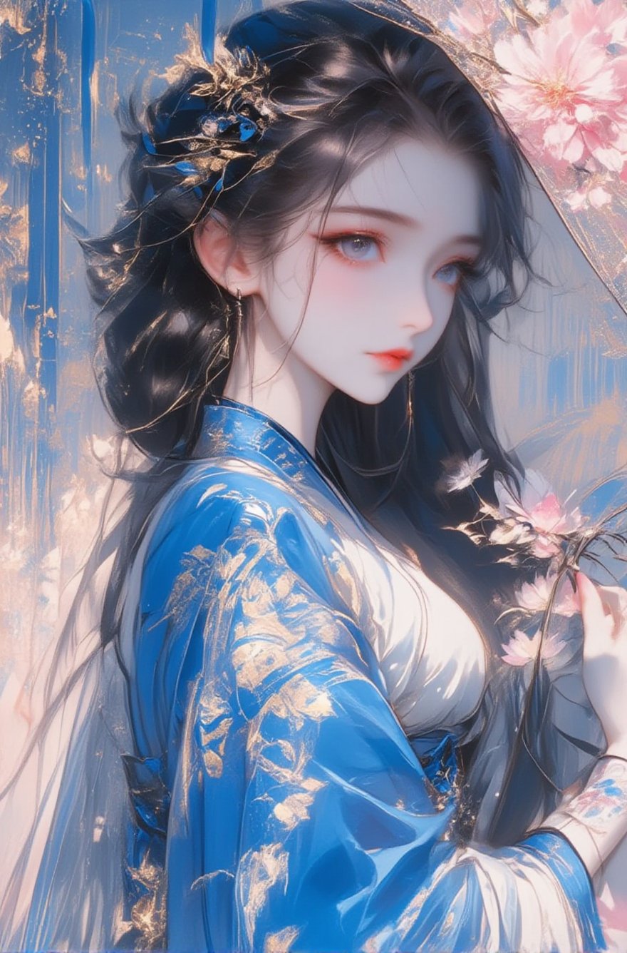 A beautiful ancient-style girl with long black hair, wearing blue and white Hanfu, holding flowers in her hand, with clear facial features, exquisite details, in the style of Chinese painting, in the style of anime art, with light pink and sky-blue colors, in the style of Chinese punk fashion, style raw, stylize 400, niji 6