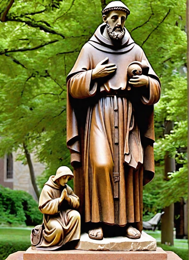 masterpiece, (full body stone sculpture of Saint Francis of Assisi), ((28 years old)), standing, sandals, man, beard, monk tonsure, masculine, large brown habit, (
holding a skull in his hand),