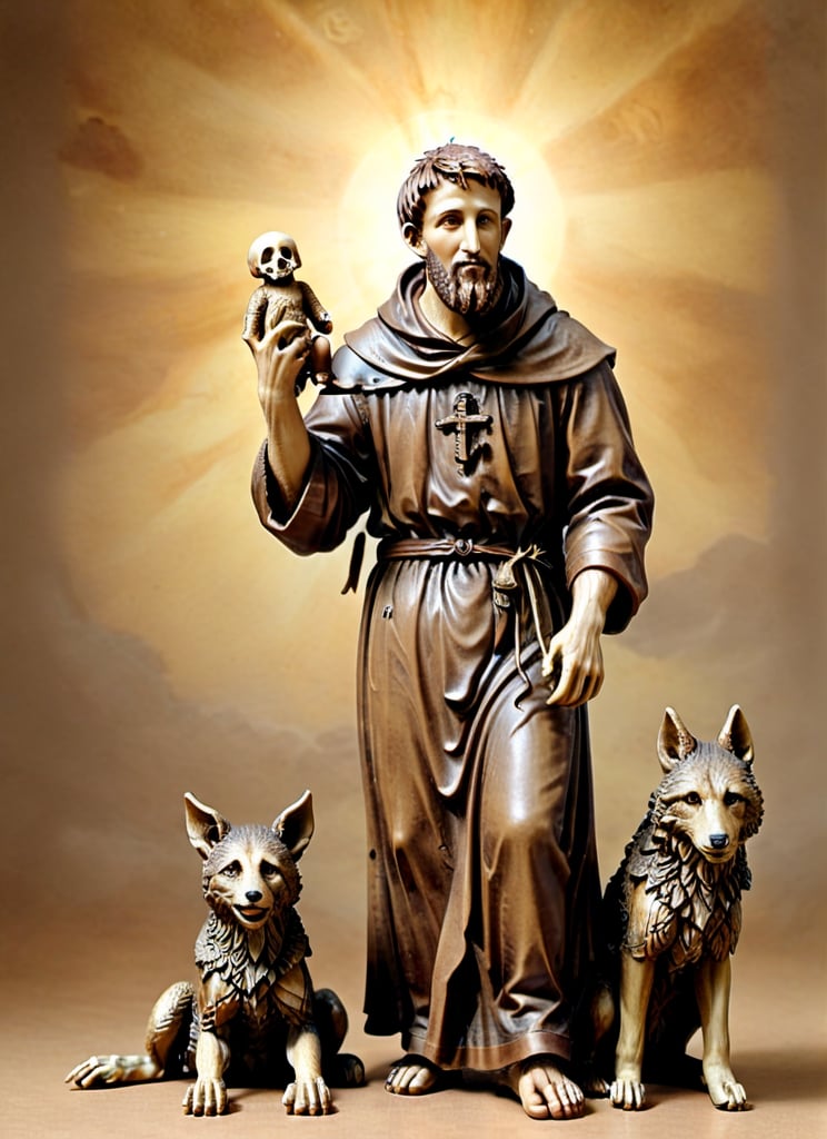 (masterpiece),(ultra realistic), (Highly detailed), ((full body sculpture of a young Saint Francis of Assisi)), ((28 years old)), standing, sandals, beard, large brown habit, (holding a skull in his hand), a single happy wolf at his side,male