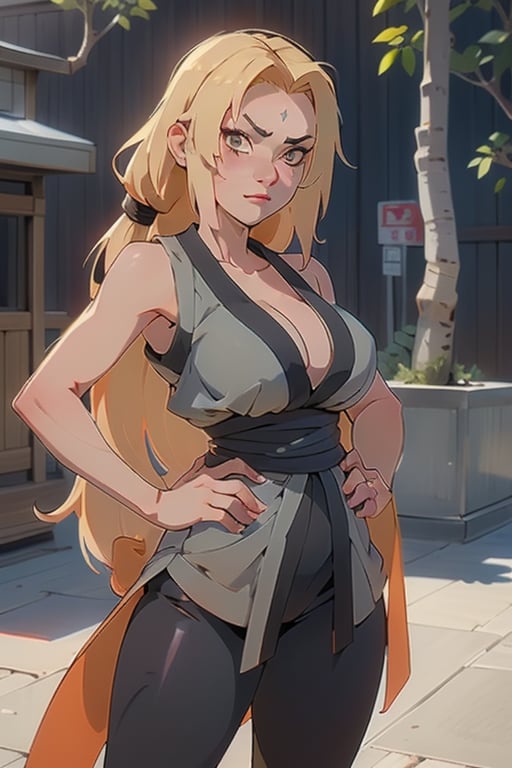 1girl, solo, ((Tsunade Senju)), long hair, breasts, looking at viewer, blonde hair, big breasts, cleavage, narrow waist, wide hips, slim fit body, brown eyes, standing, outdoors, sleeveless kimono-style grey minidress, sky, day, blue pants, hand on hip, blue obi sash, facial mark, mature female, forehead mark, tsunade \(naruto\),tsunadedef, makeup, tsunade, blonde_hair, brown_eyes, Tsunade, forehead_diamond,