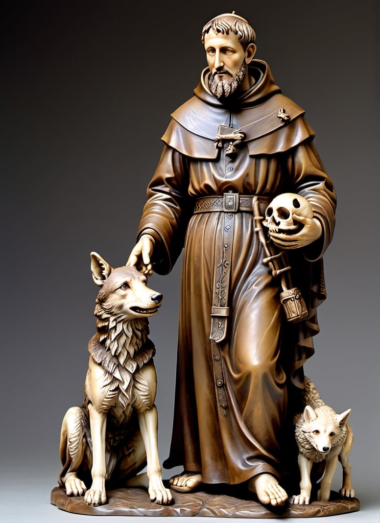 (masterpiece),(ultra realistic), (Highly detailed), ((full body sculpture of a young Saint Francis of Assisi)), ((28 years old)), standing, sandals, beard, large brown habit, (holding a skull in his hand), a happy wolf at the side,aw0k geometry,detailmaster2