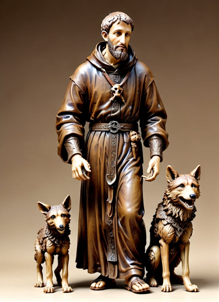 (masterpiece),(ultra realistic), (Highly detailed), ((full body sculpture of a young Saint Francis of Assisi)), ((28 years old)), standing, sandals, beard, large brown habit, (holding a skull in his hand), a single happy wolf at his side,male,mascot logo