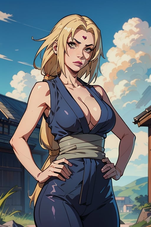 1girl, solo, ((Tsunade Senju)), long hair, breasts, looking at viewer, blonde hair, big breasts, cleavage, narrow waist, wide hips, slim fit body, brown eyes, standing, outdoors, sleeveless kimono-style grey minidress, sky, day, blue pants, hand on hip, blue obi sash, facial mark, mature female, forehead mark, tsunade \(naruto\),tsunadedef, makeup, tsunade, blonde_hair, brown_eyes, Tsunade, forehead_diamond