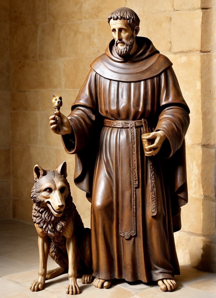 masterpiece, full body stone sculture of Saint Francis of Assisi, 30 years old, standing, sandals, man, beard, monk tonsure, masculine, large brown habit, with a skull in one hand, in the company of a wolf,on parchment,HellAI,fire,Movie Still