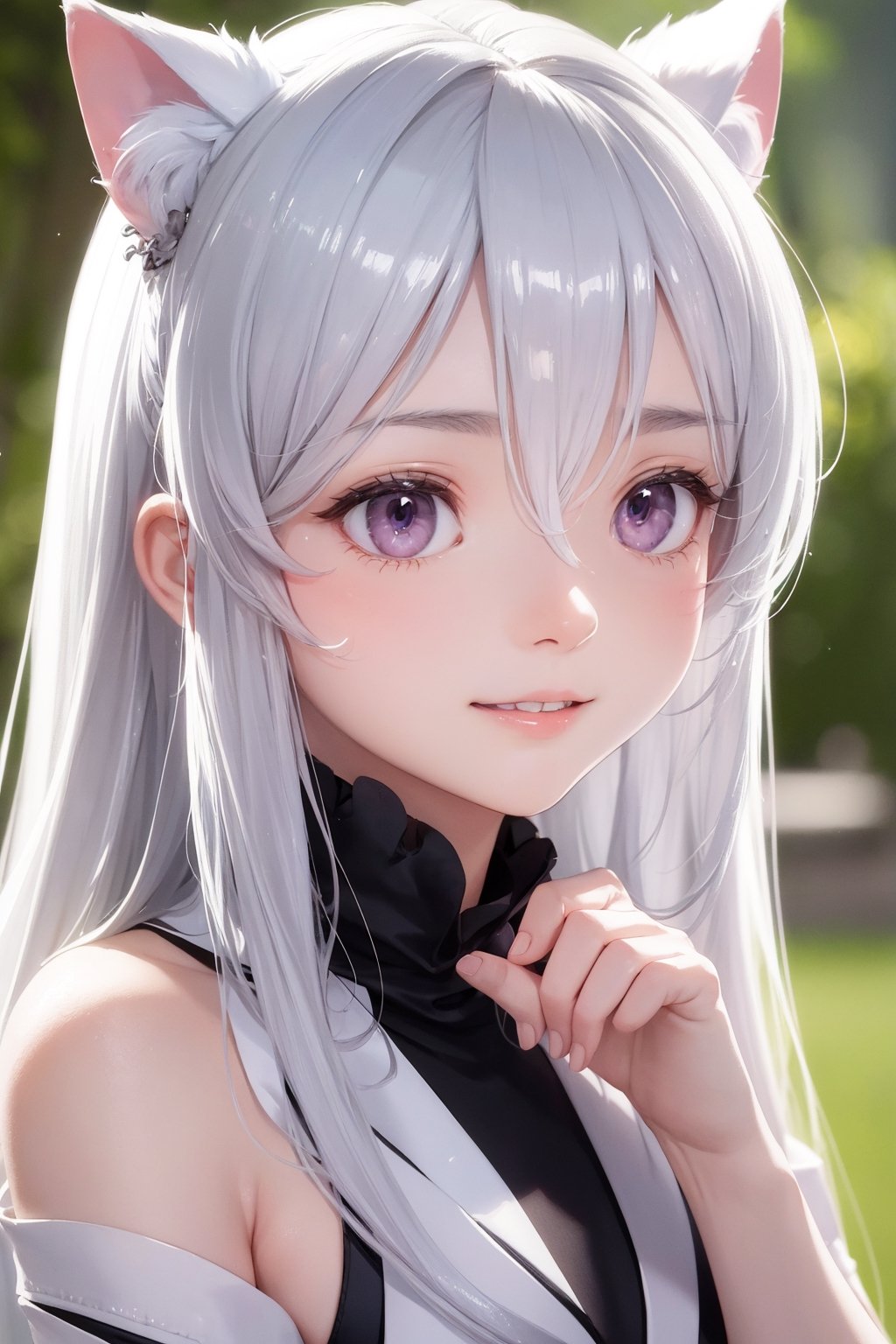 portrait, (photorealistic:1.4), (RAW photo:1.3) BREAK, absurdres ,high res, ultimate detailed, high-resolution in elaborateness BREAK (1 very cute girl:1.3), solo BREAK (pale pink eyes:1.1), drooping eyes  BREAK small breasts, white skin, silver cat ears, (shiny silver hair:1.3), long hair BREAKmiko kimono, smile