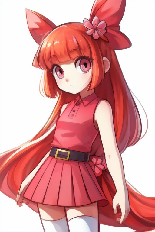 1girl, human, (Blossom:1.5), orange hair, blunt bangs, straight hair, pink eyes:1.2), (hair bow, red bow, sleeveless pink dress, simple black belt, white thighhighs:1.2), (white background, plain background), 