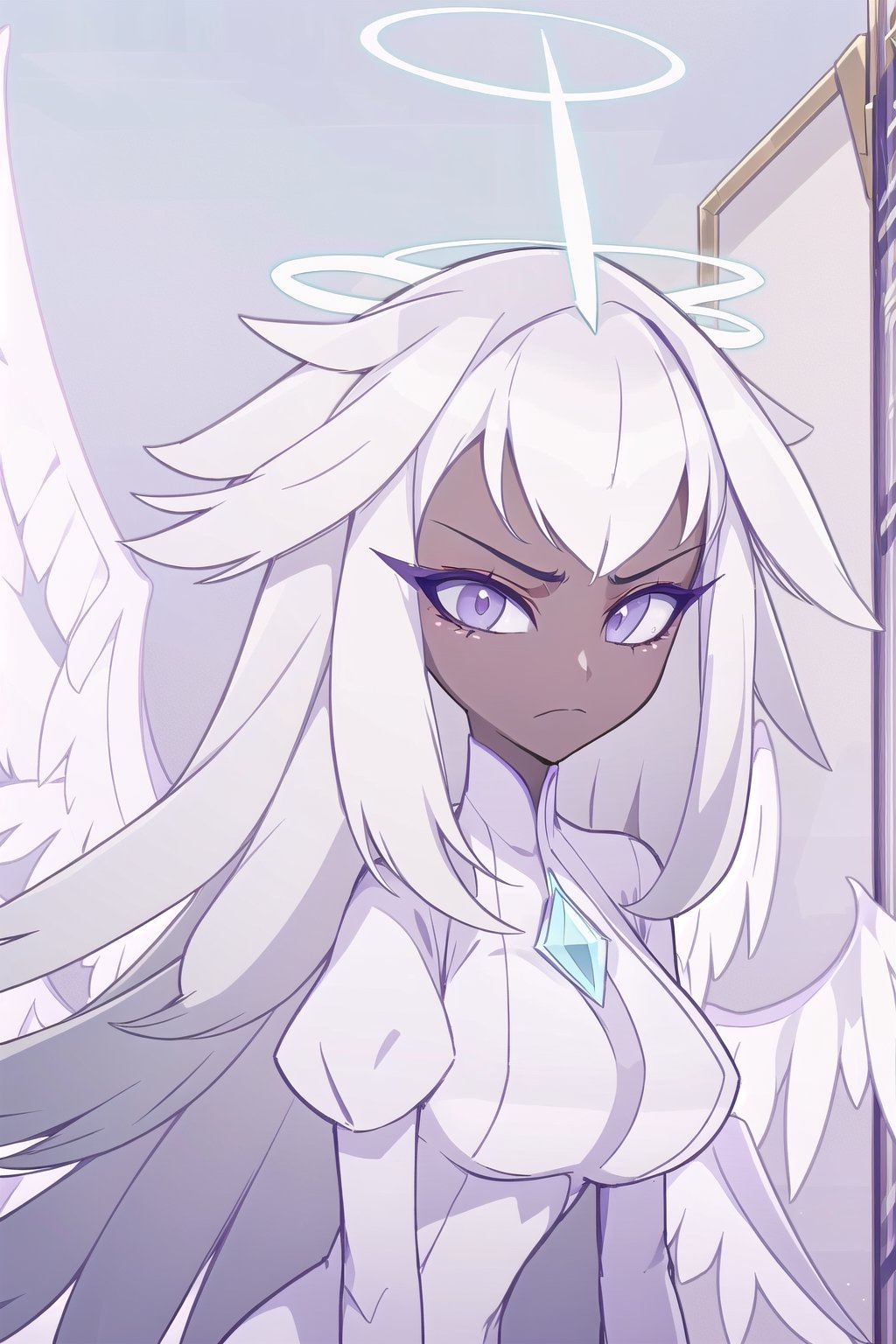 1girl, solo, long hair, closed mouth, upper body, white hair, wings, dark skin, makeup, frown, halo, eyeshadow, angel wings, angel, sera