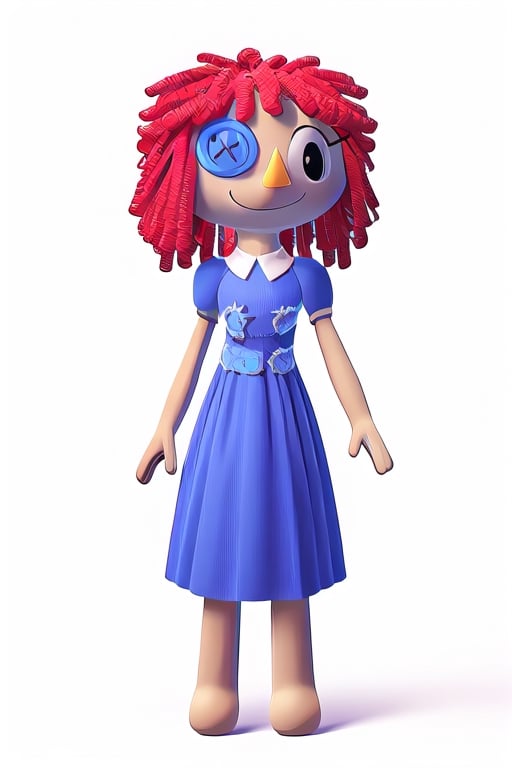 (Ragatha), masterpiece, best quality, ((High detailed)), color magic, saturated colors, ((white plain background)), full body, doll, red hair, pasta hair, curls, triangle nose, button as an eye, blue button, missing left eye, button as left eye, missing feet, dress, blue dress, sewn dress, many patches on the dress, smiling