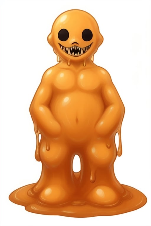 solo, full body, masterpiece, best quality, simple white background, 

scp999, slime, slime boy, orange, dot eyes, black eyes, 

((monstrous creature, terrifying creature, many sharp teeth,)),