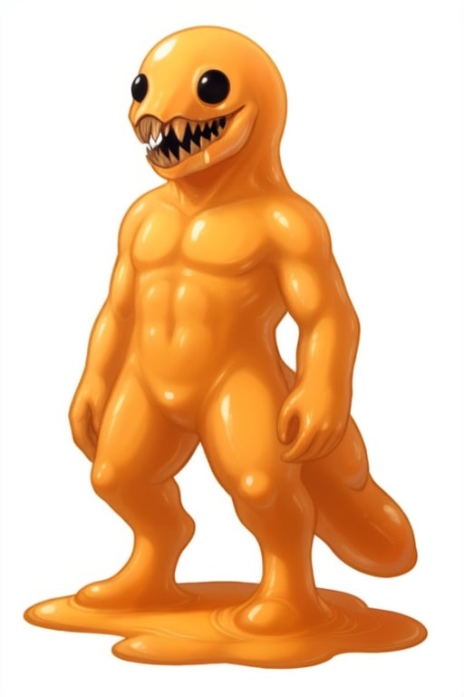 solo, full body, masterpiece, best quality, simple white background, 

scp999, slime, slime boy, orange, dot eyes, black eyes, 

((monstrous creature, terrifying creature, many sharp teeth,)),