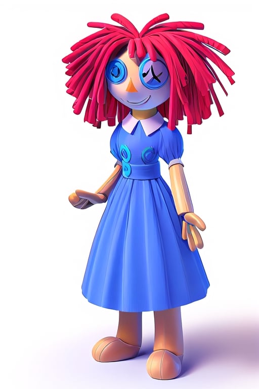 (Ragatha), masterpiece, best quality, ((High detailed)), color magic, saturated colors, ((white plain background)), full body, doll, red hair, pasta hair, curls, triangle nose, button as an eye, blue button, missing left eye, button as left eye, missing feet, dress, blue dress, sewn dress, many patches on the dress, smiling