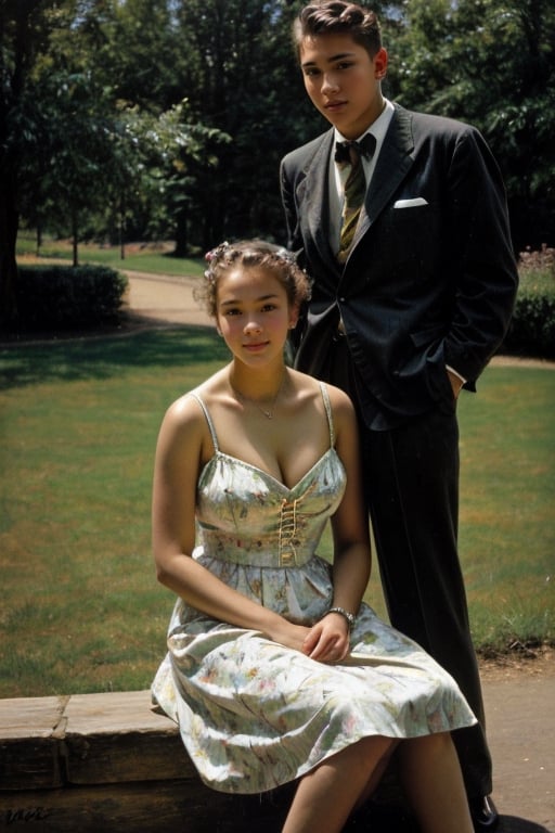 masterpiece, best quality, high detailed, park, ((old photo, photo from the 1950s, old style)), photo of a young girl and her boyfriend, ((teenagers, 16 years old couple)), loking at camera, sitting, very formal photo, formal clothes, ((gigantic size of breasts, cleavage, too large breasts, largest breasts at world)), painting, oil paint