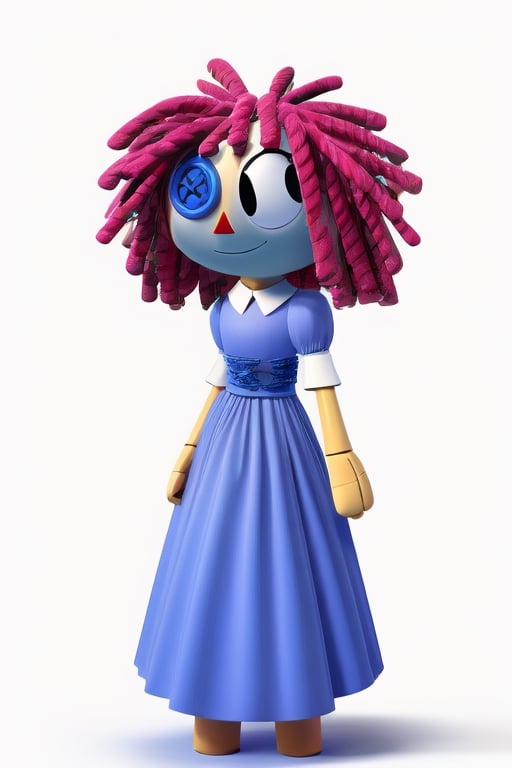 (Ragatha), masterpiece, best quality, ((High detailed)), color magic, saturated colors, ((white plain background)), full body, doll, red hair, pasta hair, curls, triangle nose, button as an eye, blue button, missing left eye, button as left eye, missing feet, dress, blue dress, sewn dress, many patches on the dress, smiling