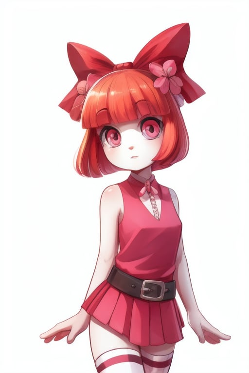 (Blossom:1.5), orange hair, blunt bangs, straight hair, pink eyes:1.2), (hair bow, red bow, sleeveless pink dress, simple black belt, white thighhighs:1.2), (white background, plain background), 