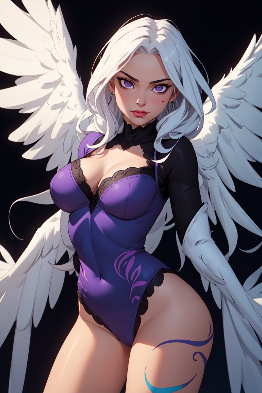 
pretty, long_hair, detailed_eyes, detailed_face, hands_out_of_frame,red_eyes, red_irises, harpy, wings, sultry, curvy, womanly_features, angel_wings, purple_highlights, normal_hand, cute_expression, solo,neon_colors,black_lingerie, white_hair, white_bangs, purple_theme, perfect_hands,black_theme,light_skinned, pink_lips,full_figured,ribbons, collars,almond_eyes, dark_hair, long_white_hair, wide_hips, brown_feathers, full_lips veil, black_and_purple, harpy_lady, ivory_hair, dynamic_pose, pinup_pose, lace, leather, pinup_pose,no_teeth,thick_eyelashes,fashionable,thighs,dark_colors,symmetrical_eyes,voluptuous,Deku_Link_Zelda,Chiaki_Garo_aiwaifu,RedHoodWaifu,EpicLogo,PinchingPOV,open chest sweater,1 girl,rave clothes,bodypaint,Tex Mex Burrito Style,High detailed ,Color magic,Saturated colorsHigh detailed ,Tex Mex Burrito Style,Saturated colors,destiny /(takt op./),midjourney