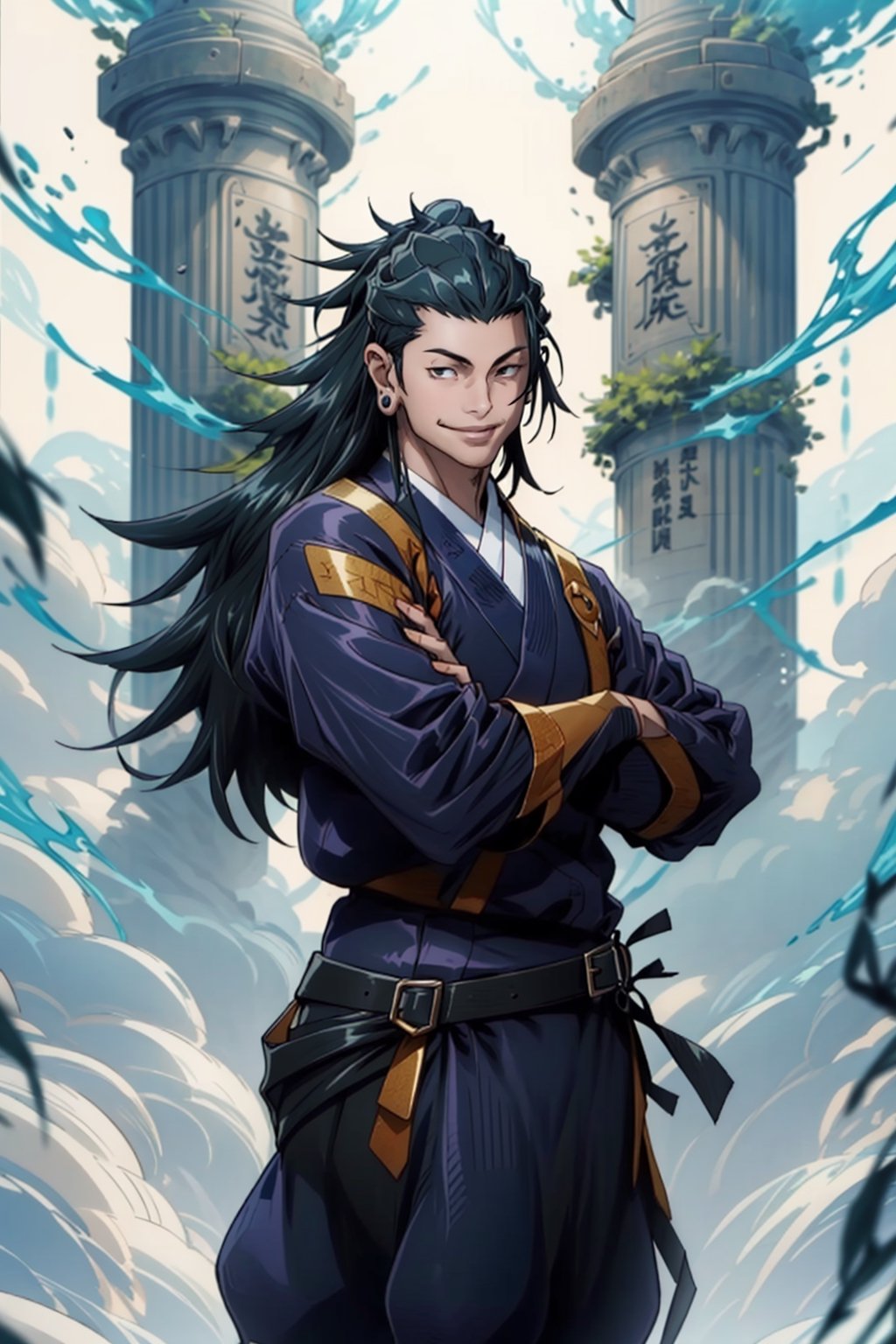  Suguru is a tall, slim man with long black hair  ,fighting , fantasy background  ,smile, fighting style ready for action , using cursis power