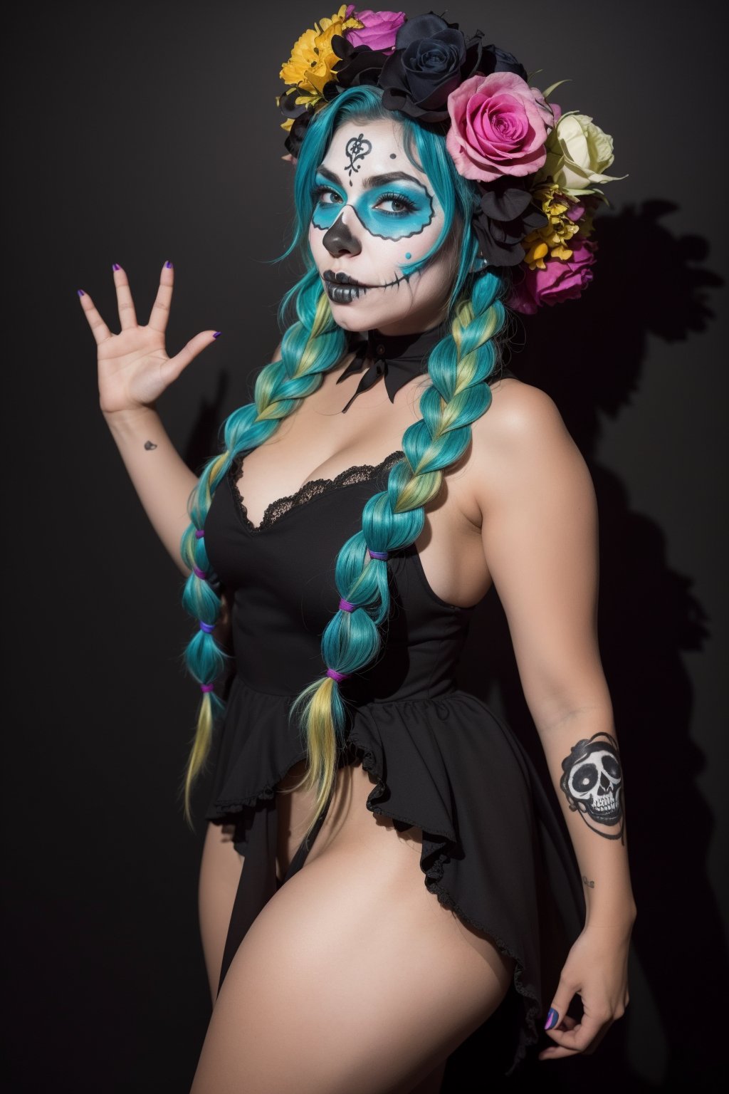 score_9, score_8_up, score_7_up, score_6_up, score_5_up,   mexican hatsune miku, 1girl, solo, twin braids, multicolored hair, tan skin, curvy, hair flower, dod, La Catrina face paint, sugar skull face paint, spooky, black background, dress, colourful