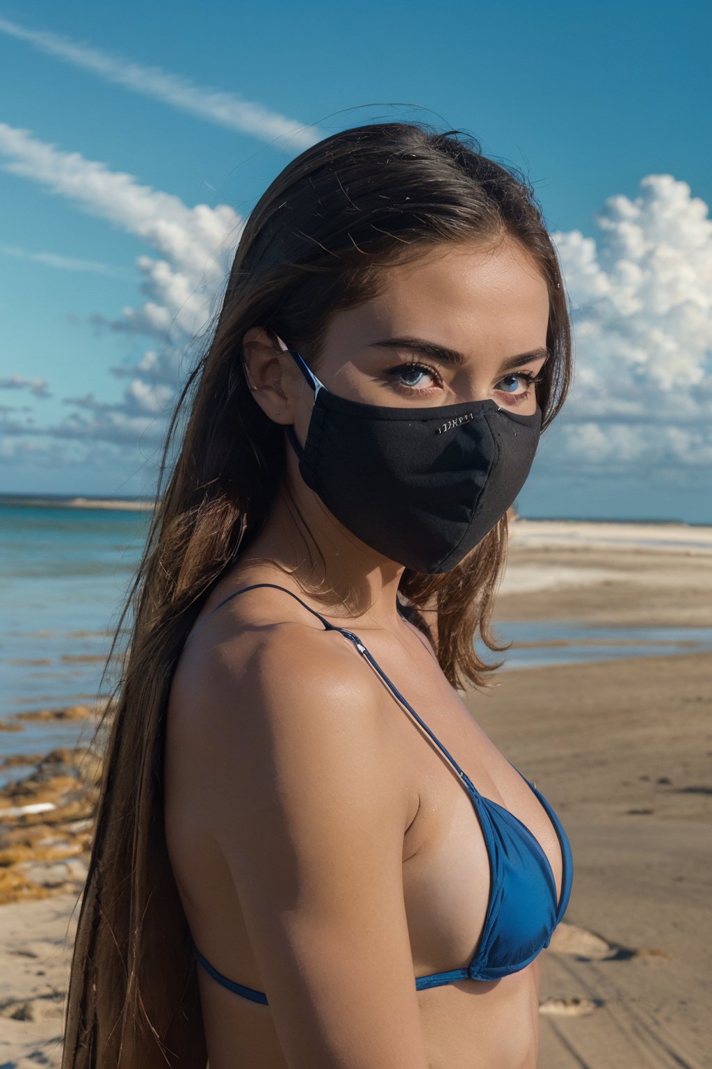 score_9, score_8_up, source_anime,
1girl, , brown hair, long hair, brown eyes, dark skin, mask,
micro bikini,
embarassed, solo, looking at viewer, sea, sand, blue sky, tropical island background    