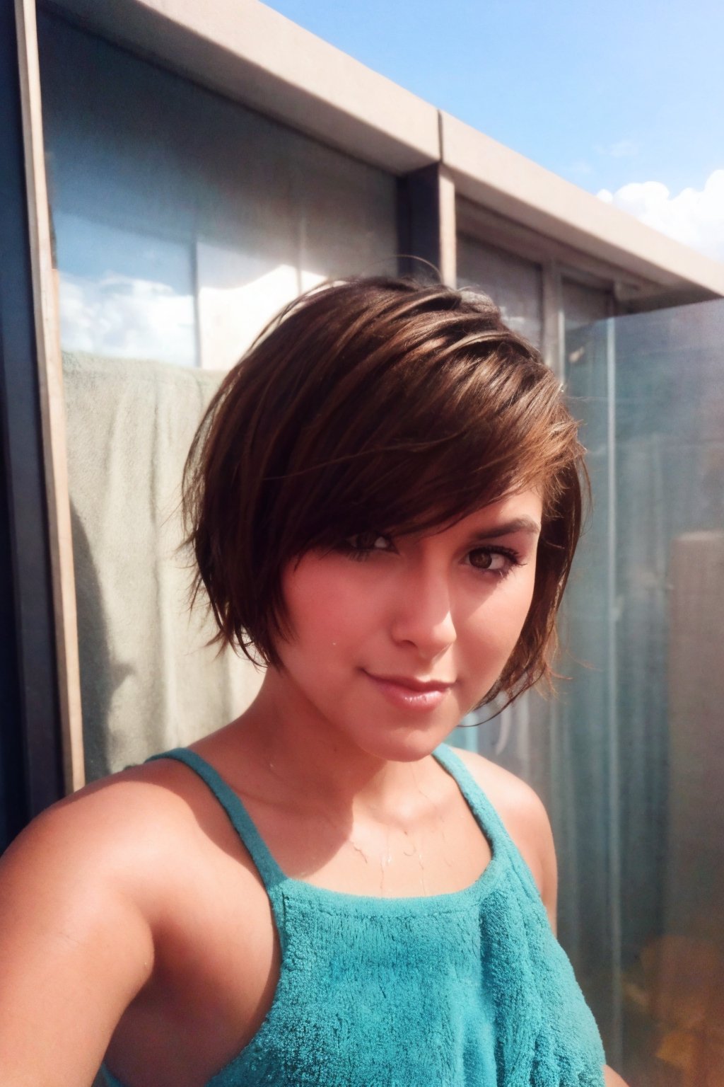 woman with a towel over her shoulder, natural short hair, cute young woman, with short hair, wet hair, short brown hair and large eyes, pixie cut, brown short hair, short hair, short brown hair, short bobcut,photorealistic