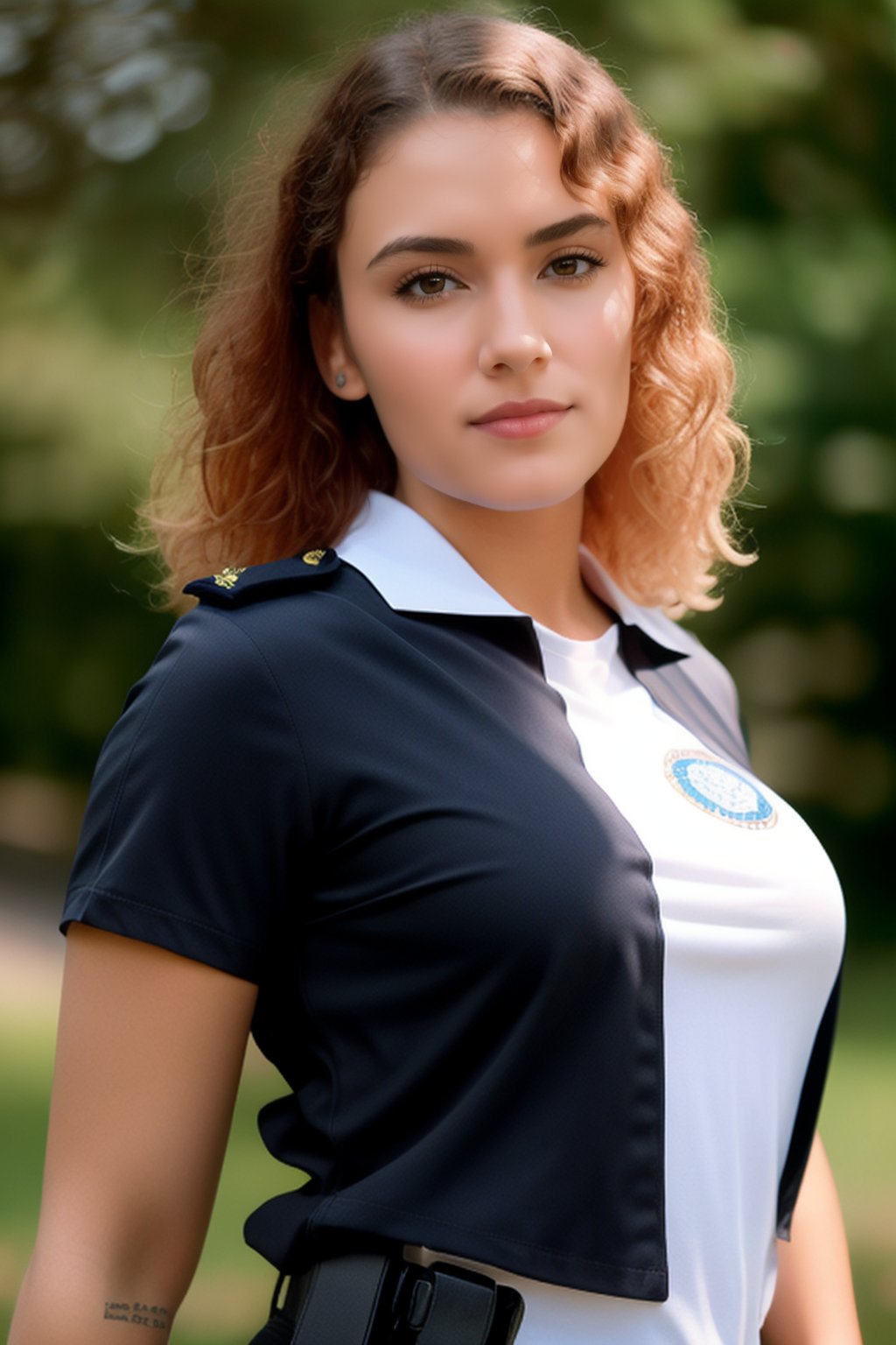 professional photograph, female officer police , with uniform white short sleeve shirt, posing like a model, languid look, perfect symmetric eyes, with soft lush curly white long hair, hyper-realistic, digital graphics, sharp focus, perfect composition, a model of ultra-high quality and clarity, perfect play of light and shadow, 32k HDR, hyper-detailing, complex artistic masterpiece