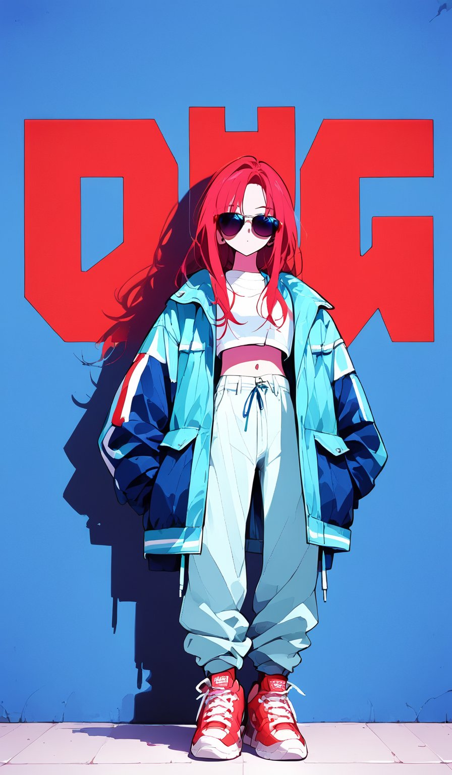 1girl, solo, long red hair, looking at viewer, shirt, red hair, navel, standing, jacket, full body, white shirt, shoes, midriff, pants, crop top, shadow, sunglasses, blue jacket, sneakers, cropped jacket