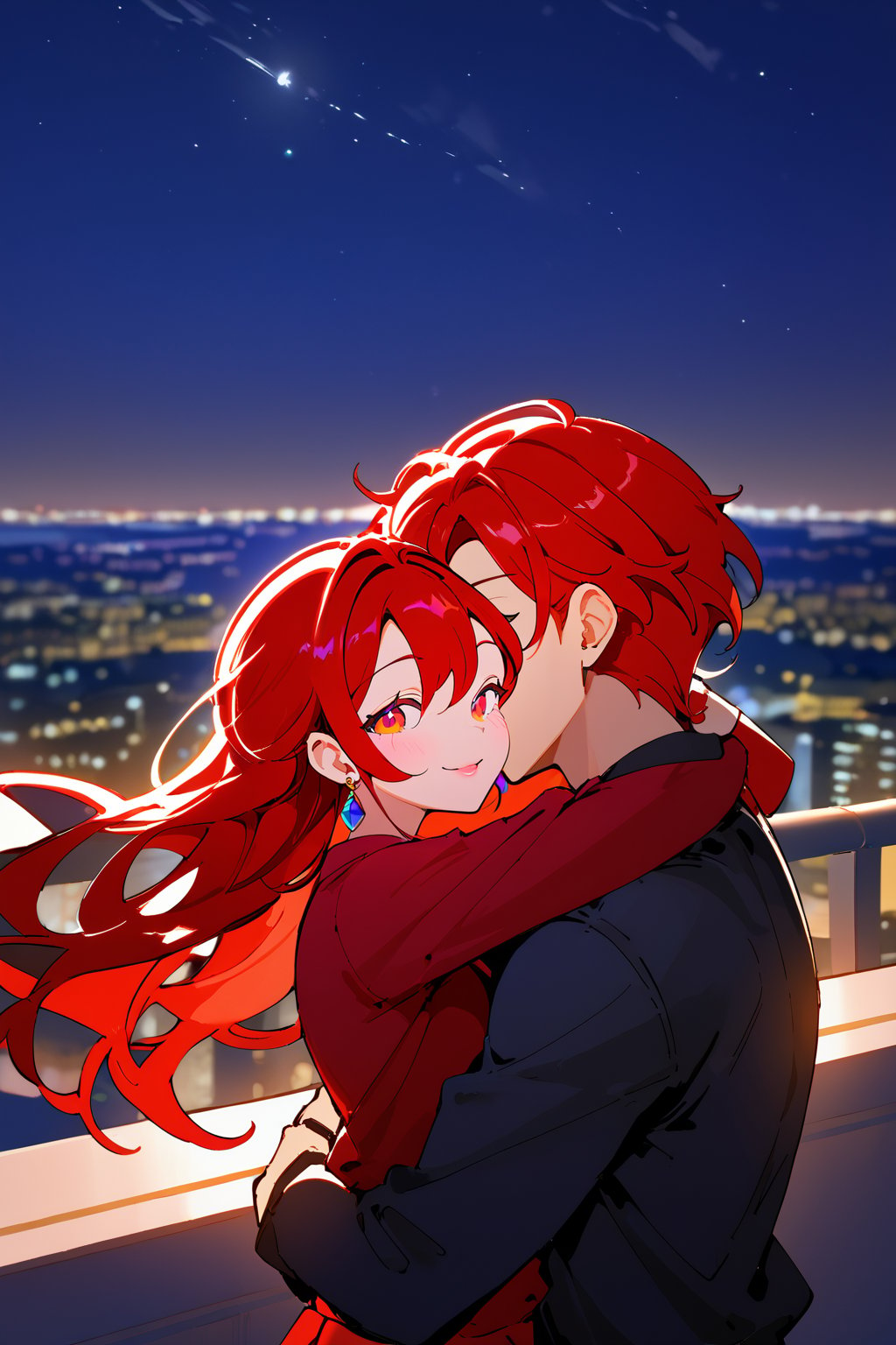 1girl (red hair), long_hair, hug, night, 1boy (black_hair), Man_hugs_girl_from_behind, shirt, hetero, looking_at_viewer, brown_hair, night_sky, couple, sky, long_sleeves, jewelry, earrings, cityscape,jaeggernawt