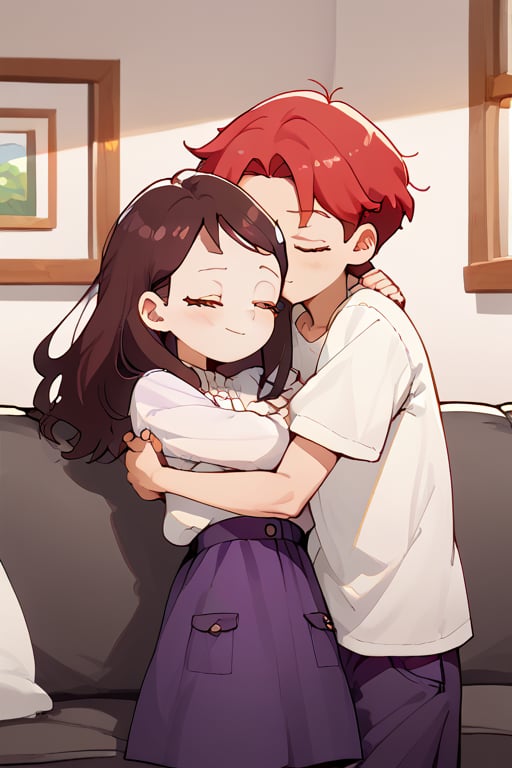 Couple of a corean man and a Real girl for VROID, light red hair, long hair, white shirt, violet skirt, pocket,edgSDress, hugging in a sofa in house,1boy,becky blackbell,jaeggernawt