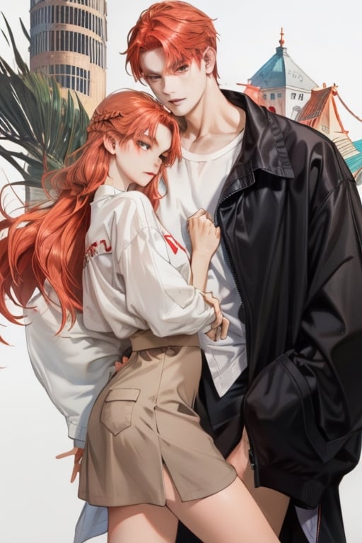 Couple of a corean man and a Real girl for VROID, light red hair, long hair, white shirt, grey skirt, pocket,edgSDress,1boy