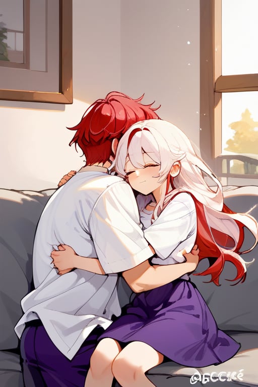 Couple of a corean man and a  girl (light red hair, long hair), white shirt, violet skirt, pocket,edgSDress, hugging in a sofa in house,1boy,jaeggernawt