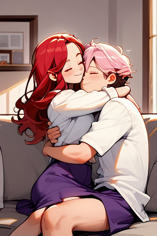 Couple of a corean man and a Real girl for VROID, light red hair, long hair, white shirt, violet skirt, pocket,edgSDress, hugging in a sofa in house,1boy,becky blackbell,jaeggernawt