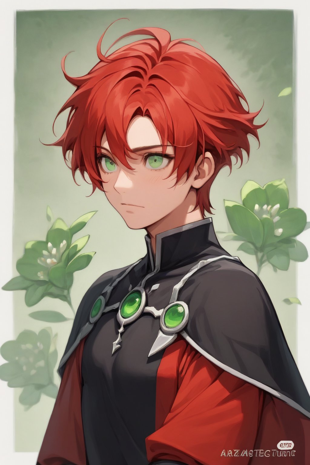 1girl with short red hair and green eyes named in sexy clothes, 1man with black hair and green eyes, basic_background,ECWITCH, clothes,jaeggernawt,sakurabr