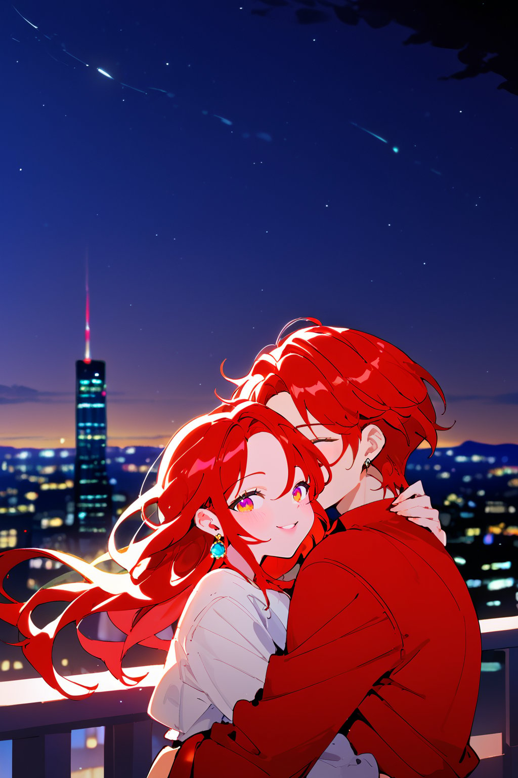 1girl (red hair), long_hair, hug, night, 1boy (black_hair), Man_hugs_girl_from_behind, shirt, hetero, looking_at_viewer, brown_hair, night_sky, couple, sky, long_sleeves, jewelry, earrings, cityscape,jaeggernawt