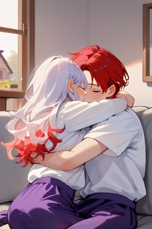 Couple of a corean man and a girl , light red hair, long hair, white shirt, violet skirt, hugging in a sofa in house,jaeggernawt,Indoor