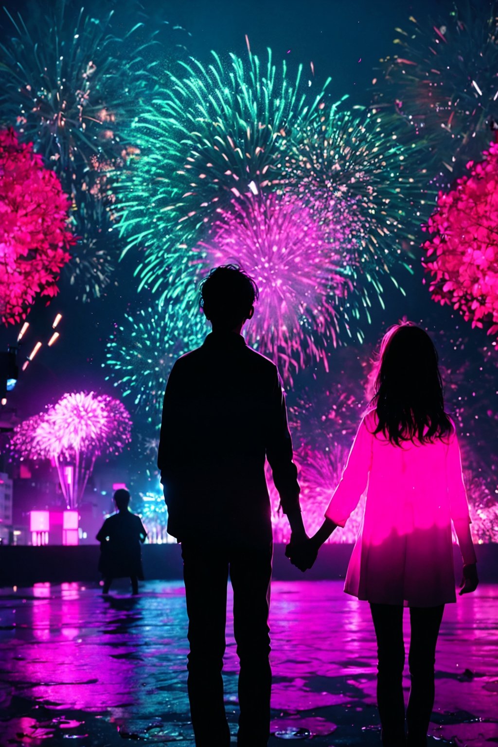 3 persons(1girl,1littleboy,1man),long girl hair, 1girl, shirt, red girl hair, 1littleboy, black boy hair, 1bigman, black man hair (holding hands ), flower, outdoors, sky, from behind, petals, night, plant, building, night sky, scenery, pink flower, city, facing away, fireworks,	 SILHOUETTE LIGHT PARTICLES,neon background