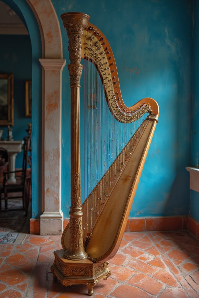 Dinamic close up photograph of a classical harp set on the terracota floor against a blue wall inside a home, Midjourney_Whisper, 