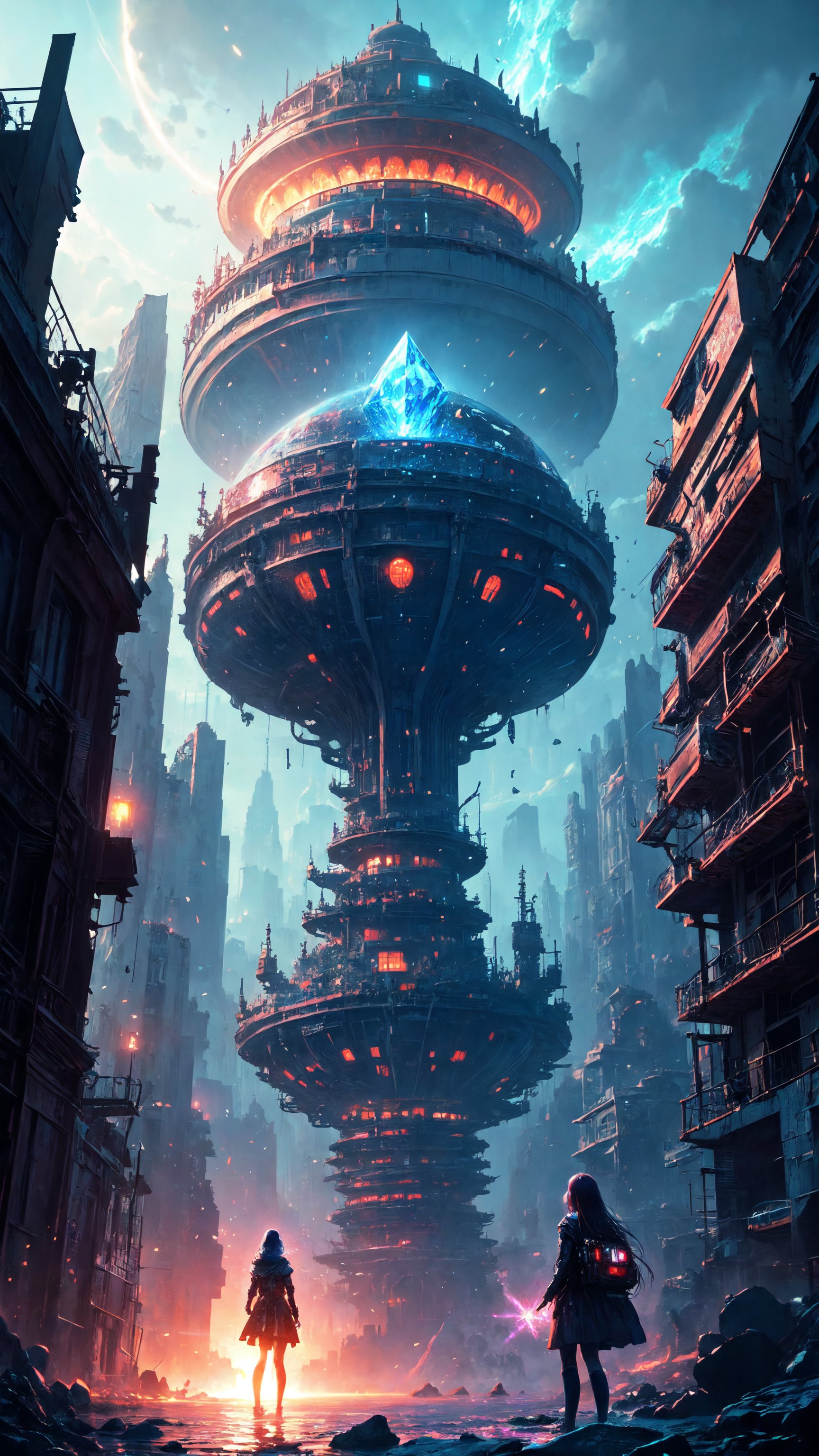 A futuristic cityscape of Atlantis rises from the depths of the SEA, where a young girl with iridescent skin and glowing blue eyes stands at the edge of a massive, technology-laden portal. In the background, an ALIEN spacecraft hovers above the ruins, while in the foreground, she holds a shimmering crystal that amplifies her telekinetic powers.