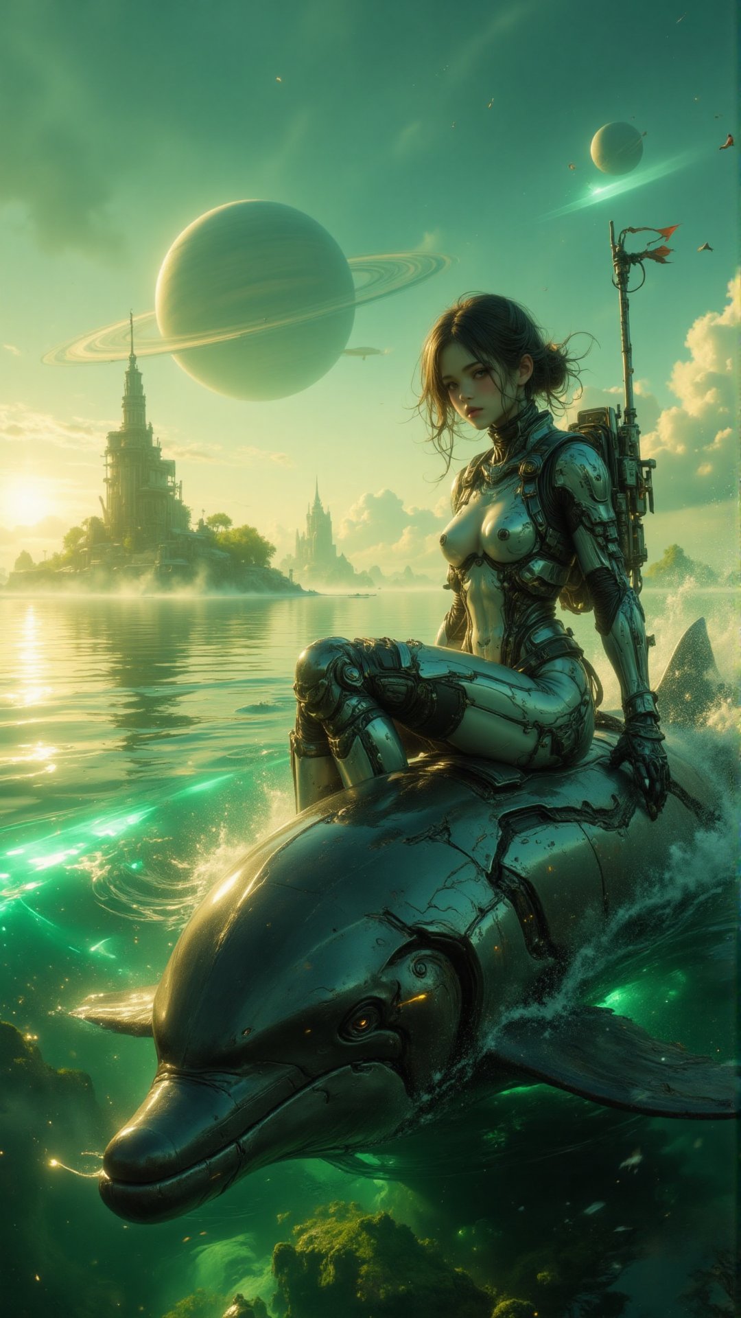 "(((young space explorer girl))) in futuristic wetsuit,  sitting confidently on a sleek cybernetic dolphin with chrome fin...