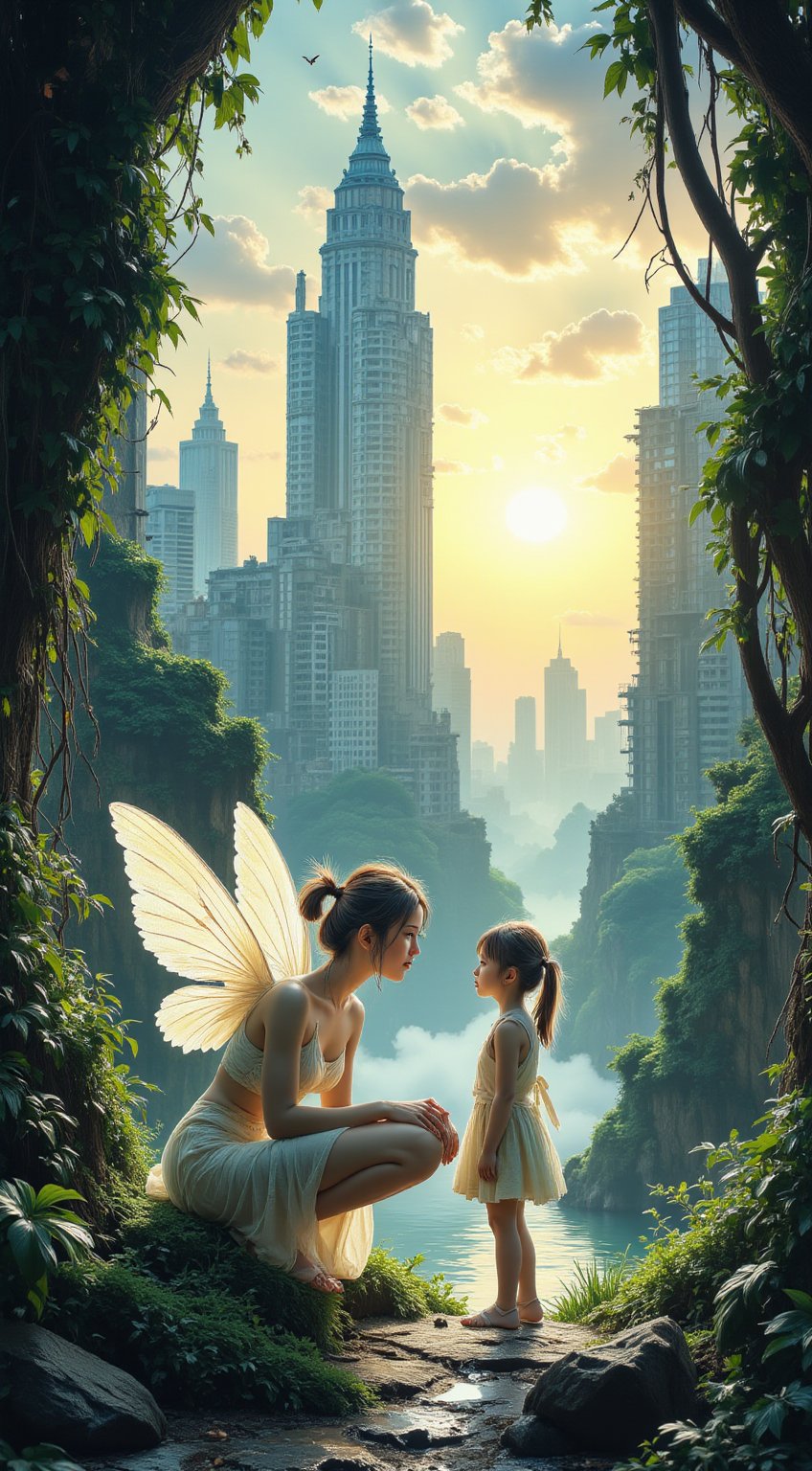 Watercolor fantasy painting style, a delicate faery with translucent wings glowing softly, crouched in front of a small human girl wearing a tattered dress. They are in a desolate, post-apocalyptic cityscape filled with crumbling skyscrapers and overgrown vines, with the girl gazing up in wonder. The scene is framed from a low angle to emphasize the faery's ethereal light contrasting with the dark, ruined surroundings, set at dusk with a golden hour glow filtering through a hazy sky.VNS_Add more details,wonder beauty,Enhanced all,midjourneyv6.1