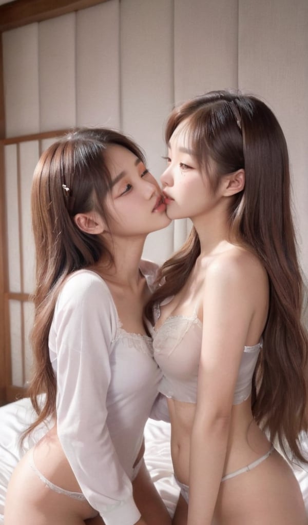 (masterpiece, Best Quality, photorealistic, ultra-detailed, finely detail, high resolution, 8K wallpaper), 2girls, 16-18 years old, (2 different faces), asian girl, big beautify big eys, long brown hair, one wavy_hair one straight hair,  smile, looking at each other, medium breasts, ((kissing)),  bedroom, on bed, one Korean girl and one Japanese girl,elina,teengirlmix