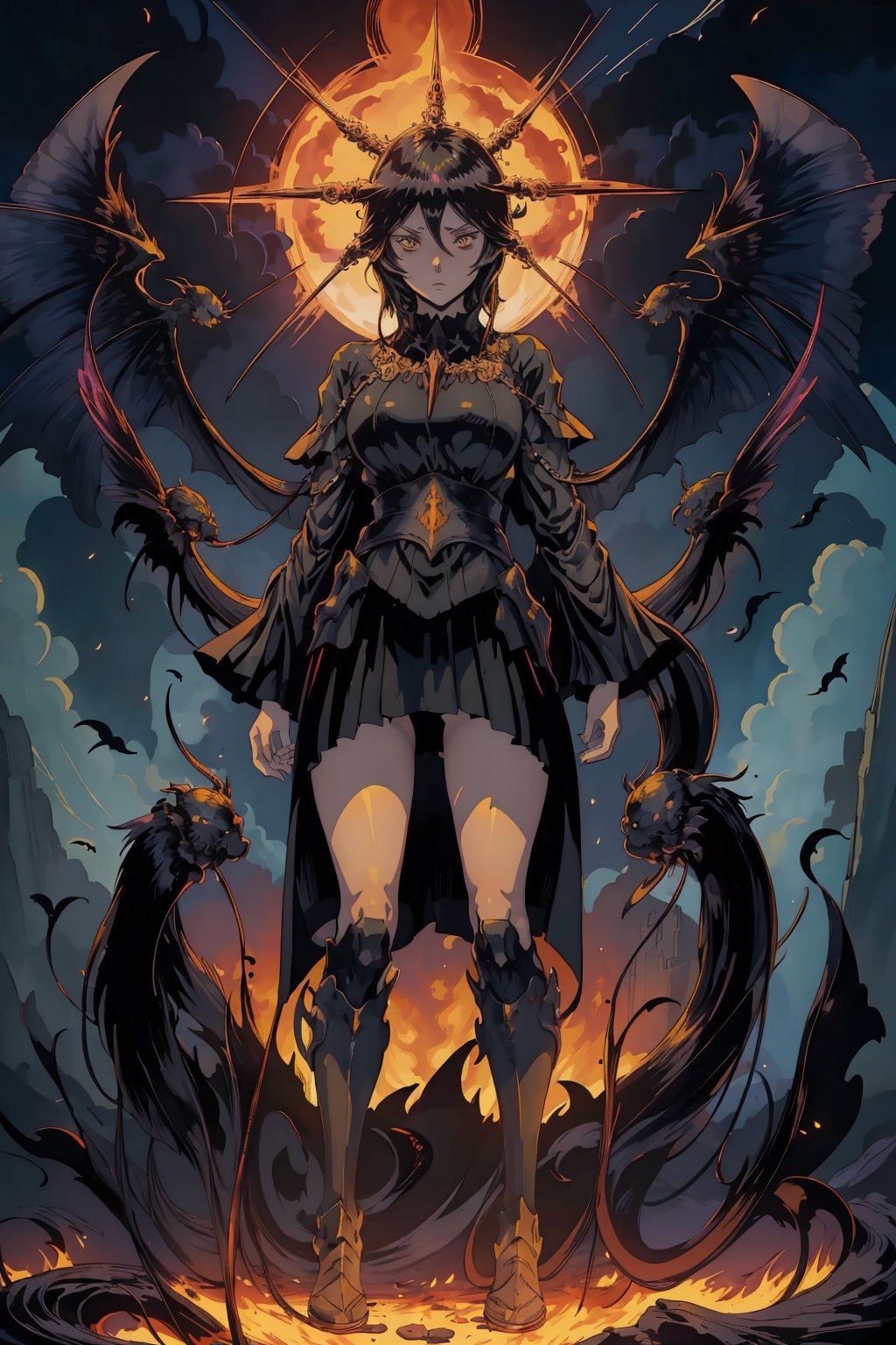 mumeide ,Illustration,Anime ,beautiful background,mumeidef,firefliesfireflies,Anime Landscape ,Anime Backround ,super sexy,black short skirt, random hair style,black hair,beautiful,nodf_lora,final boss,dark soul vibe,gwyndolin,standing,Abyss_Watchers