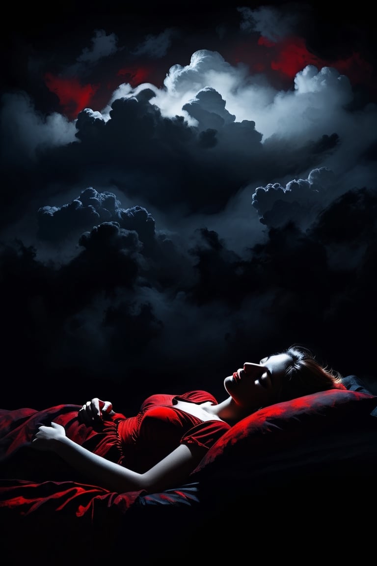 Silhouette, a girl sleeping in the clouds, moody sad dark atmosphere, black background, dark paintbrush, Red over black, 2D