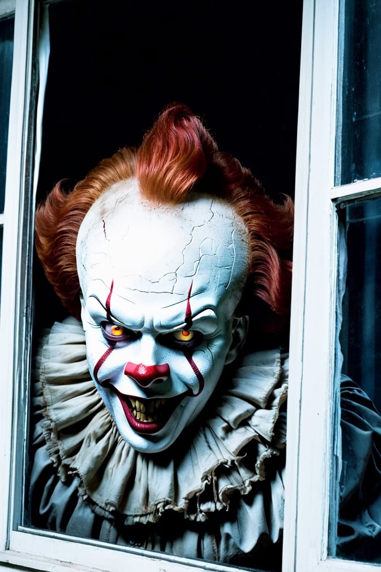 pennywise, sharp teeth, staring at viewer outside of a window