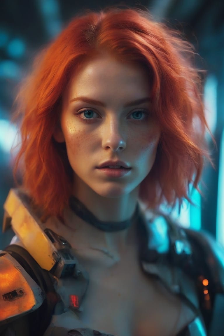 Best quality, Raw photo, face portrait, a young cyborg woman with fiery red hair. Her face fills the frame, bathed in neon hues, exuding determination and mystery amidst a futuristic backdrop