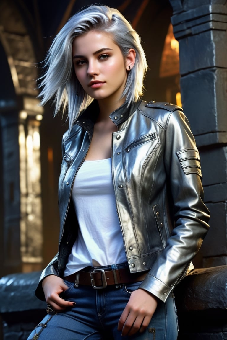 highly detailed, beautiful young woman, 20 years old, metallic silver hair, casual shirt, leather jacket, jeans, boots, ultra detailed face, (very detailed hair), rebels shelter background, fusion of final fantasy videogame and dungeon & dragons realm, high contrast, flat colors, cel shaded, by Richard Anderson,Magical Fantasy style,portraitart