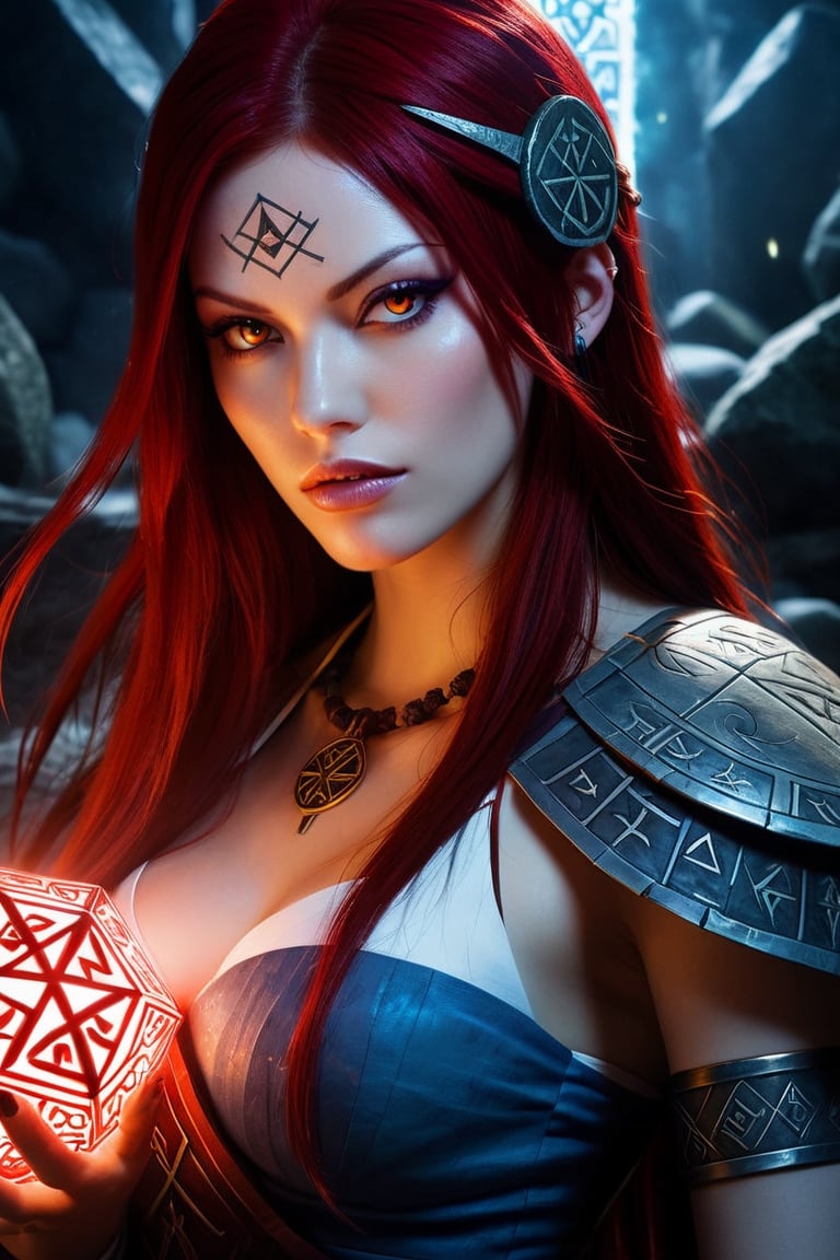 portrait close up (Erza Scarlet:1.3) in enigmatic settings, ancient runes, mysterious artifacts, and arcane symbols. Cryptic sigils, glowing crystals, and surreal dimensions. Explore the mysterious and enigmatic aspects of Potma's artwork with fluffy monsters in cryptic scenarios, detailed, ,