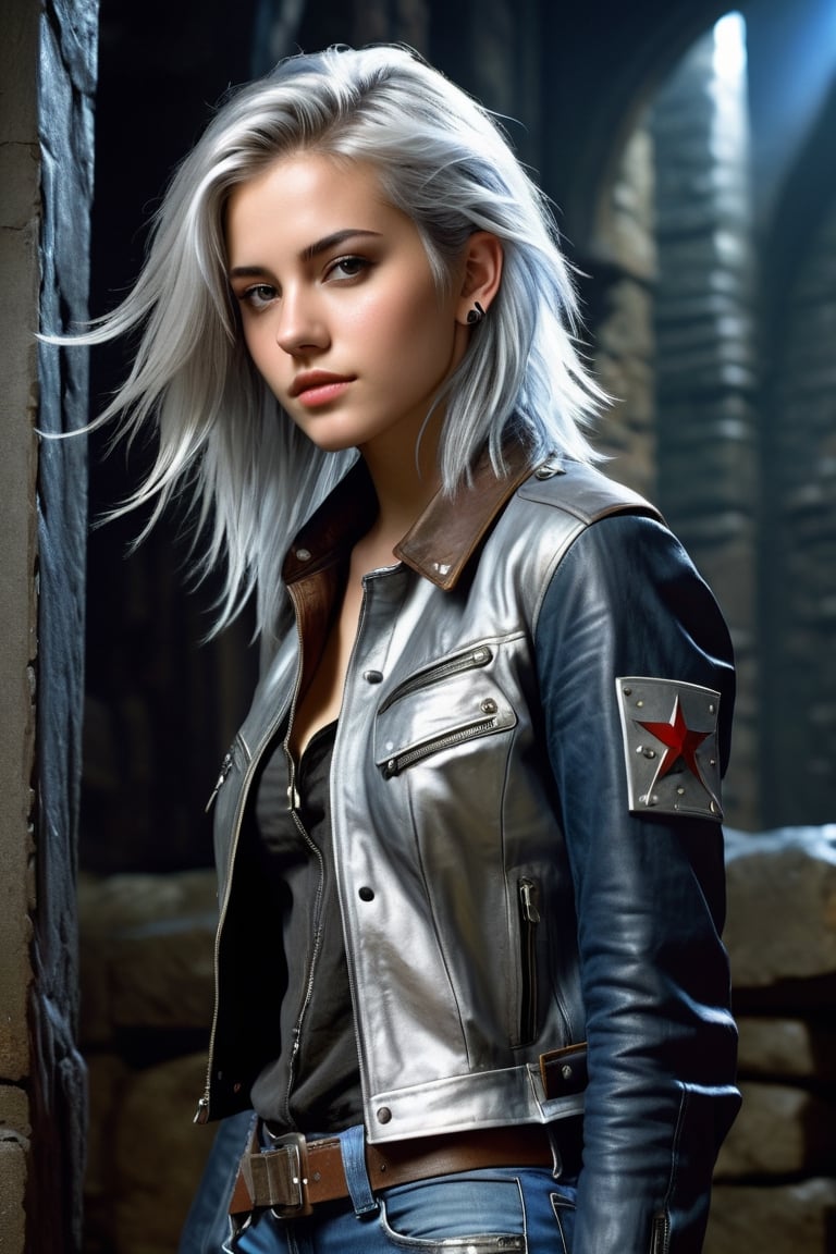 highly detailed, beautiful young woman, 20 years old, metallic silver hair, casual shirt, leather jacket, jeans, boots, ultra detailed face, (very detailed hair), rebels shelter background, fusion of final fantasy videogame and dungeon & dragons realm, high contrast, flat colors, cel shaded, Magical Fantasy,portraitart