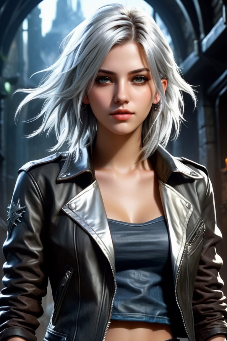 highly detailed illustration in anime style, rpg style, beautiful young woman, 20 years old, metallic silver hair, casual shirt, leather jacket, jeans, boots, ultra detailed face, (very detailed hair), rebels shelter background, fusion of final fantasy videogame and dungeon & dragons realm, high contrast, flat colors, cel shaded, by Richard Anderson,Magical Fantasy style,3d toon style,portraitart